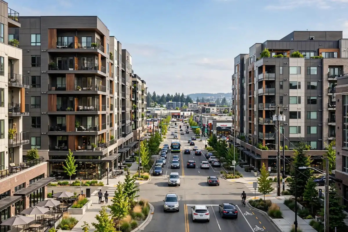 Complejos de apartamentos y condominios a lo largo de un corredor comercial en Cedar Valley, Lynnwood, WA