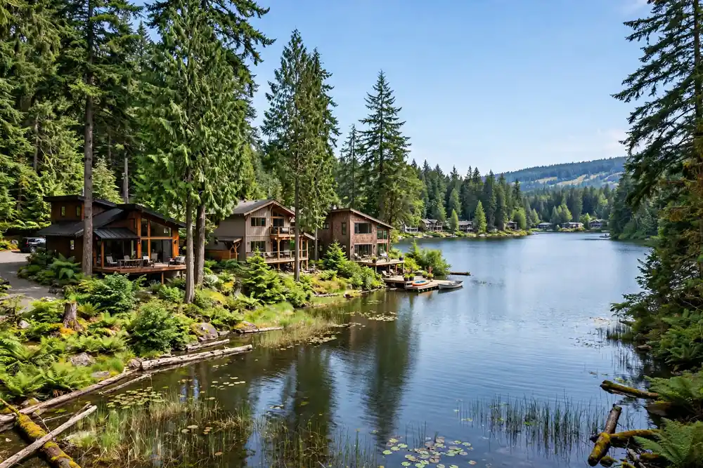 Casas junto al lago con parcelas arboladas alrededor de Lake Serene, Lynnwood, WA