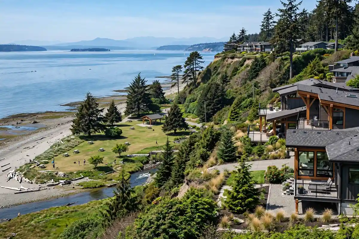 Bluftop homes con vistas sobre el parque de la playa en Meadowdale, Lynnwood, WA