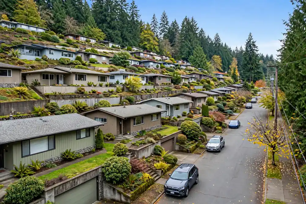 Calles adosadas de caminantes de mediados de siglo en Mountlake Terrace, WA