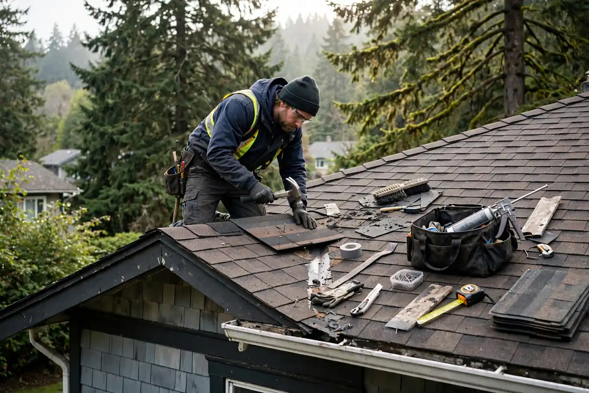 Techreparuna fuga en un techo de tejas en Lynnwood, WA