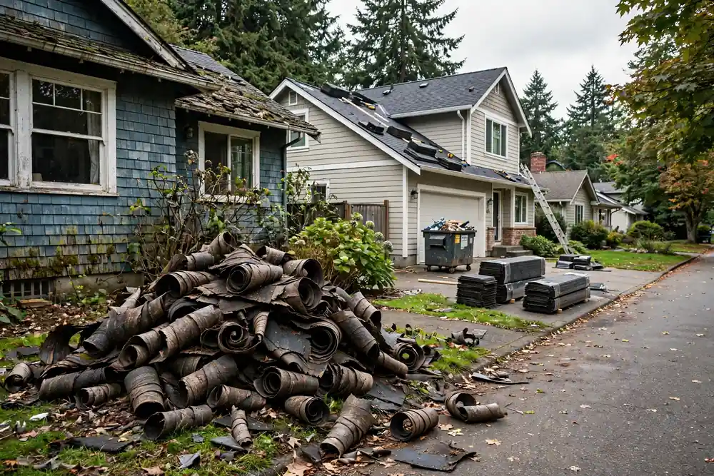 Comparación de una sección dañada del techo para reparación vs reemplazo en Lynnwood, WA