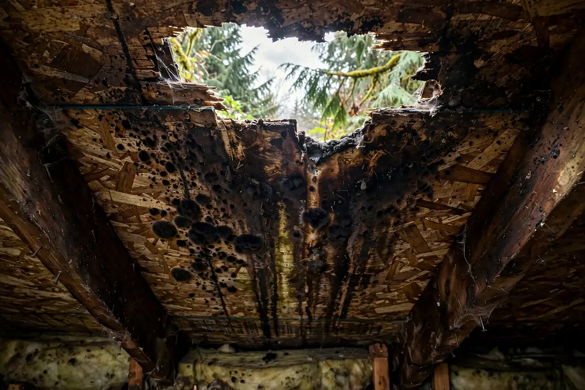 Crecimiento de moho en la madera del ático de una fuga en el techo en Lynnwood, WA