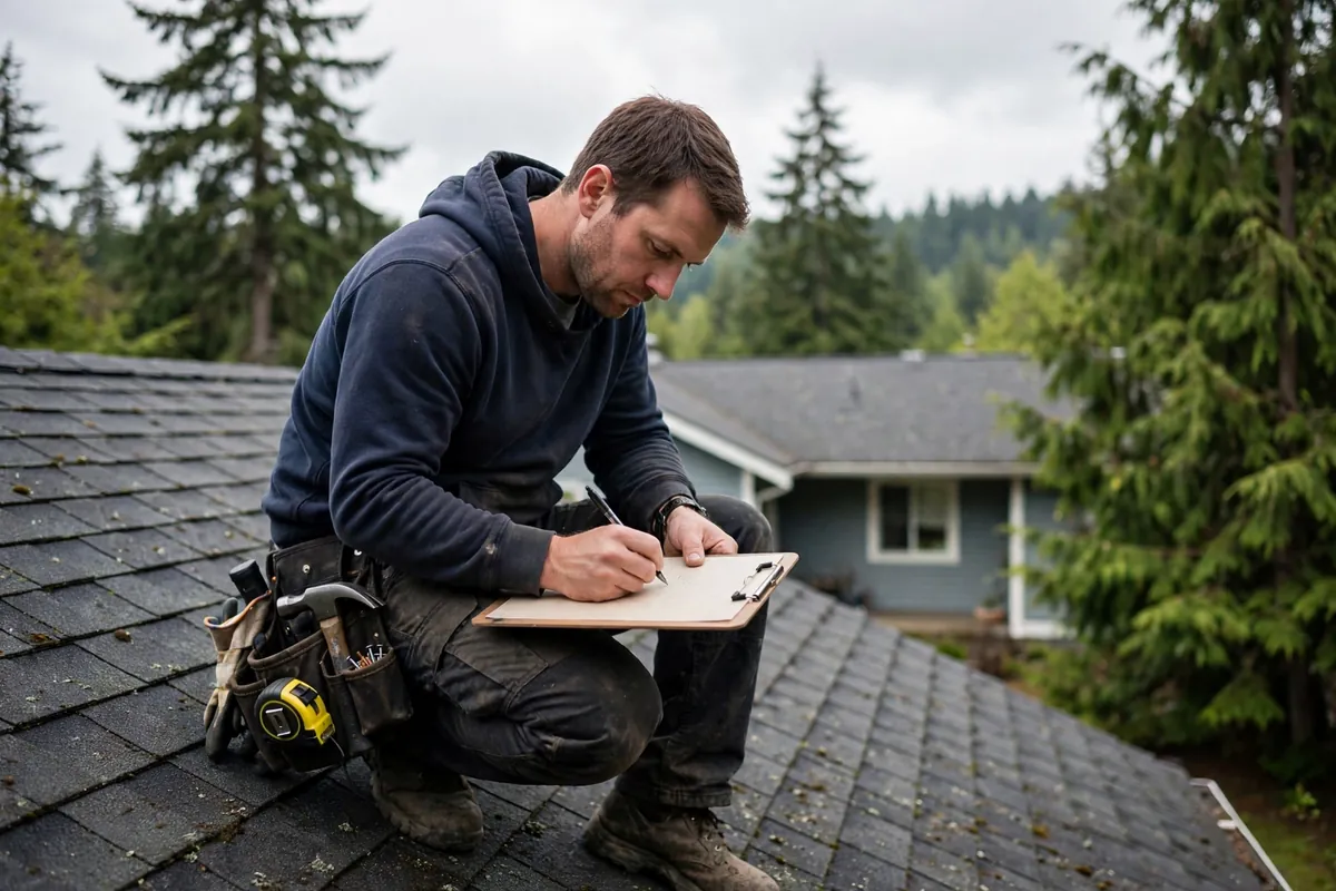 Techador que estima los costos de reparación en un techo residencial en Lynnwood, WA