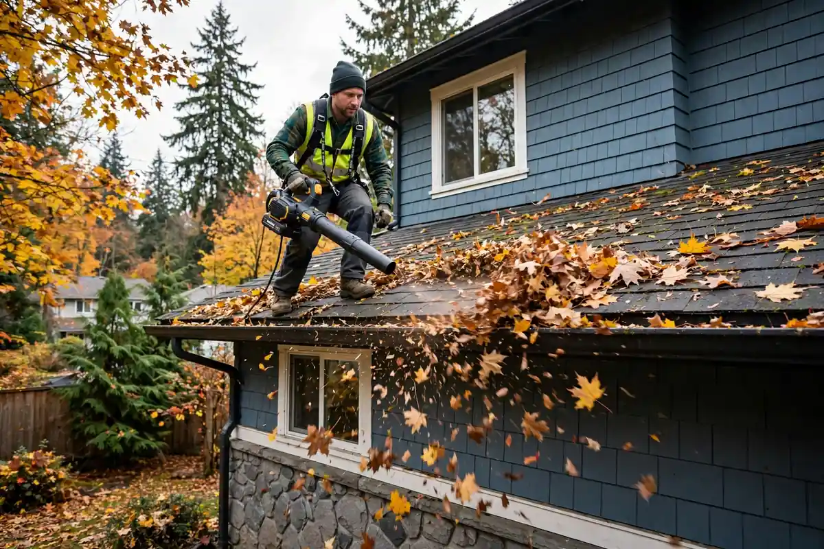 Techador realizando una inspección estacional del techo en Lynnwood, WA