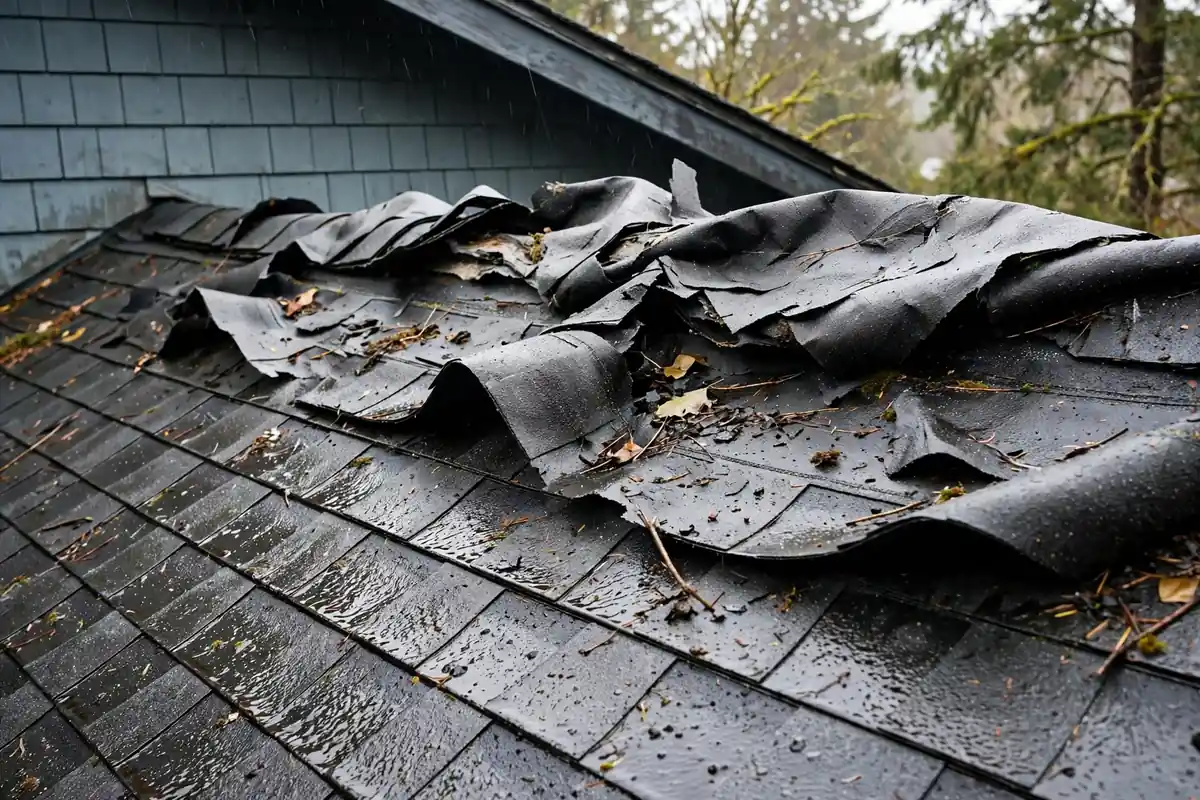 Tejas dañadas por la tormenta y ramas caídas en un techo en Lynnwood, WA