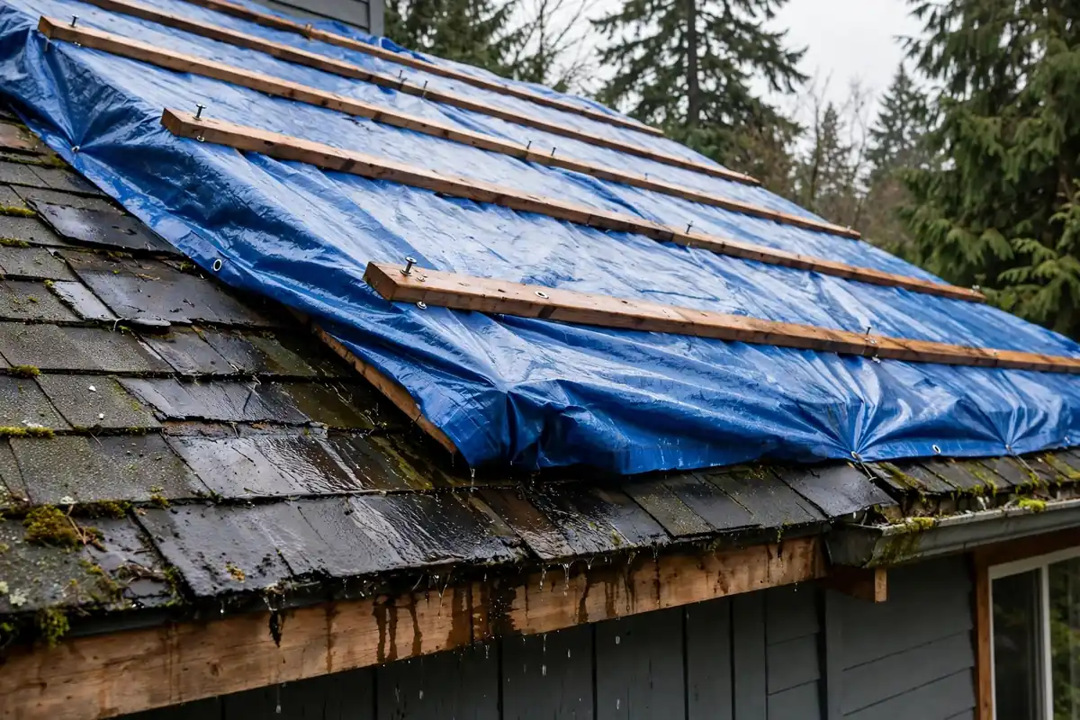 Lona de emergencia asegurada sobre un techo con goteras en Lynnwood, WA