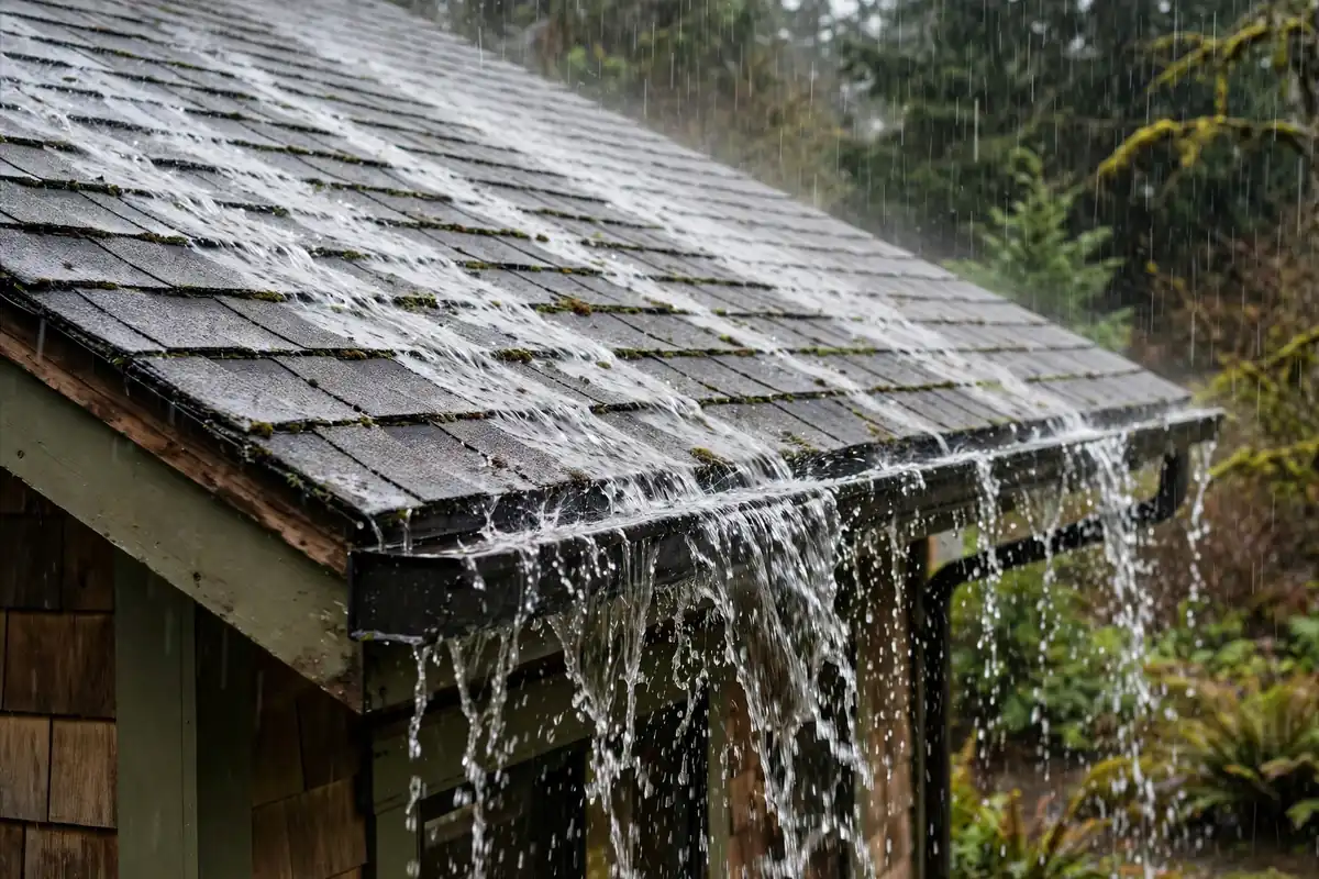 Lluvia intensa sobre un techo residencial en Lynnwood, WA