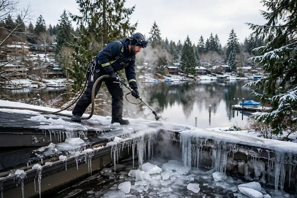 Reparación de fugas de hielo en la presa Lake Serene, Lynnwood, WA