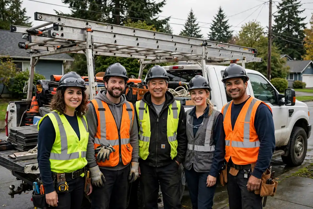 Roof Leak Repair Crew miembro del equipo en una azotea en Lynnwood, WA