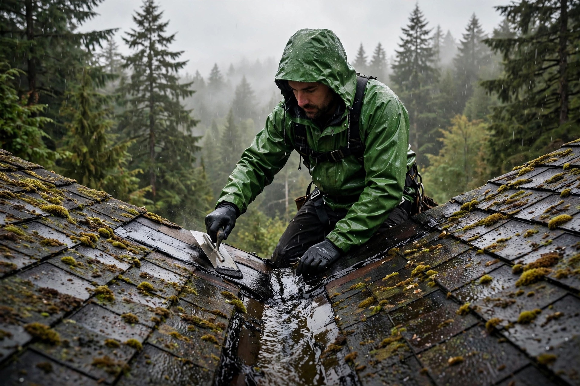 Roofer repairing a roof leak on a Lynnwood, WA home