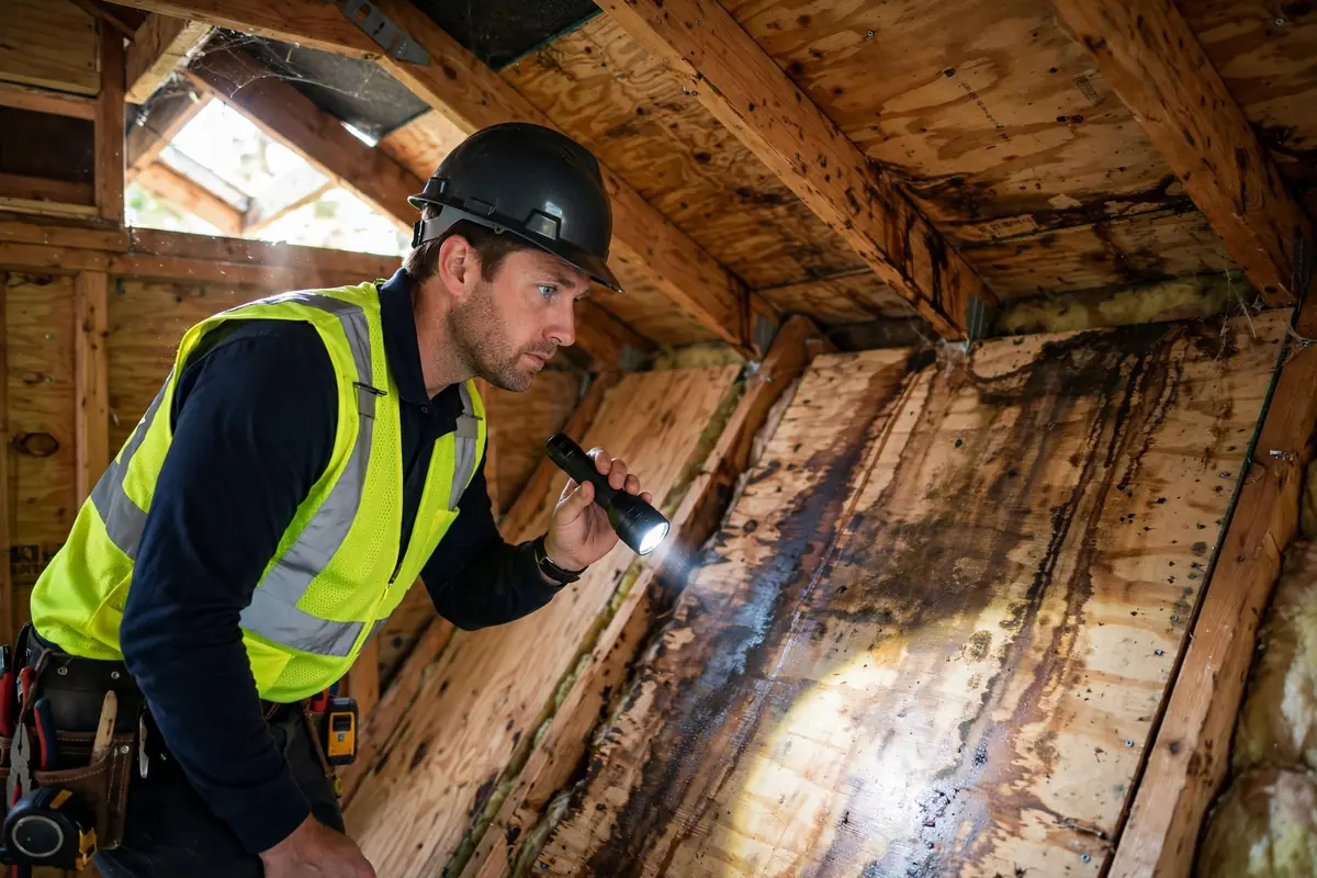 Inspector con linterna revelando manchas de agua en el revestimiento del ático en Lynnwood, WA