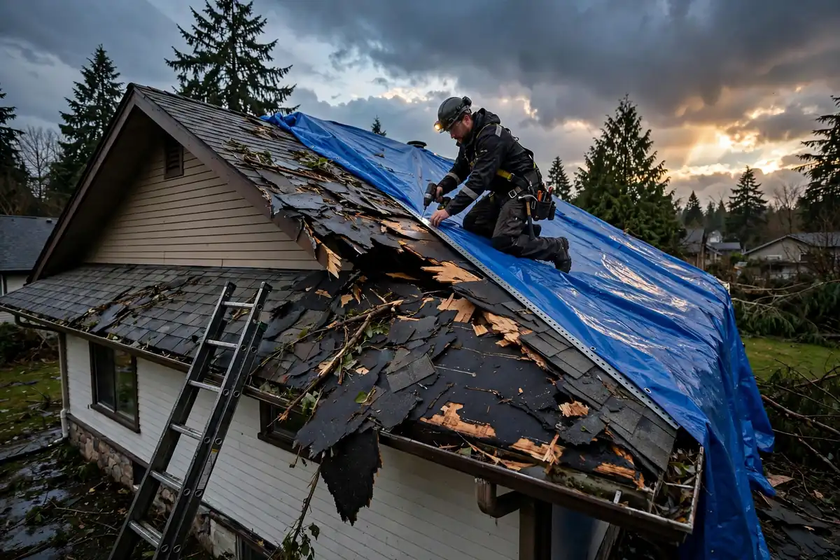 Techador que asegura una lona de emergencia sobre un techo dañado por la tormenta en Lynnwood, WA
