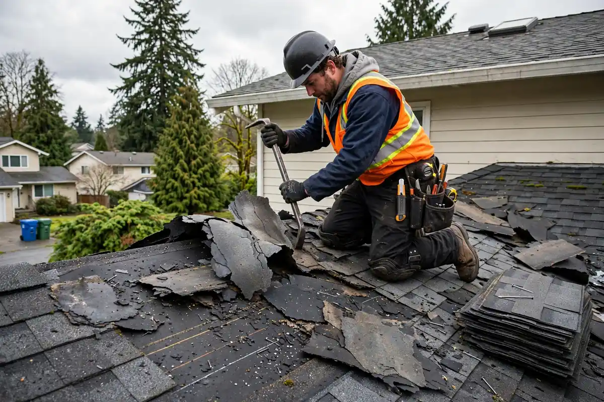 Trabajador que está cubriendo un techo plano con sellador rodante en Lynnwood, WA