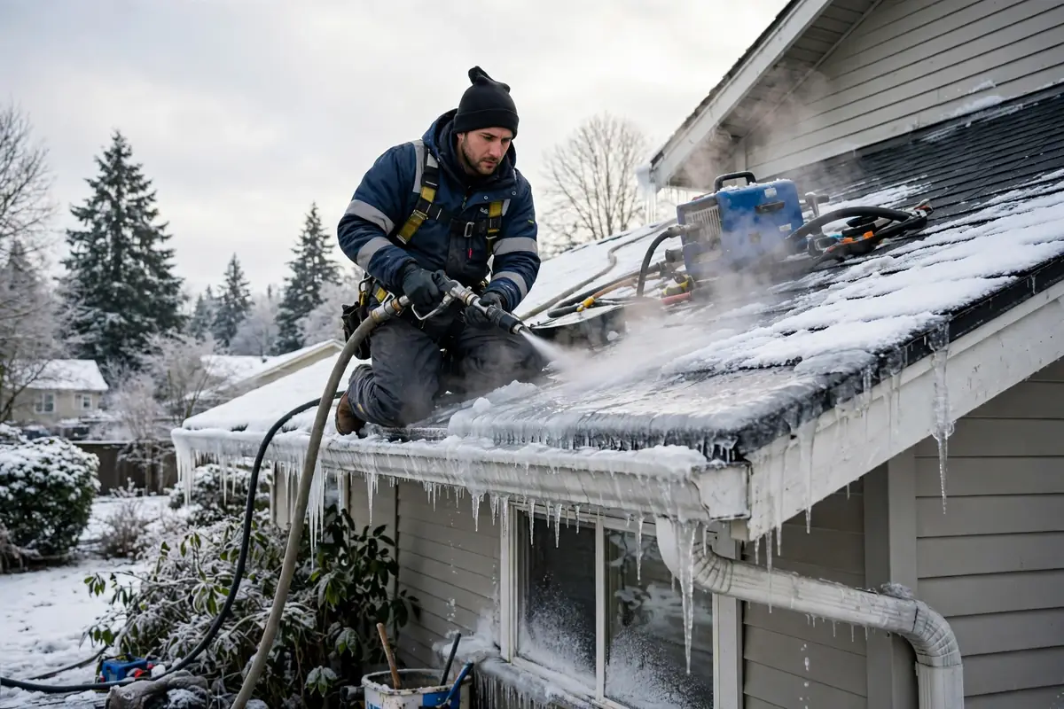 Trabajador que vaporiza una represa de hielo en los bordes del techo en invierno en Lynnwood, WA