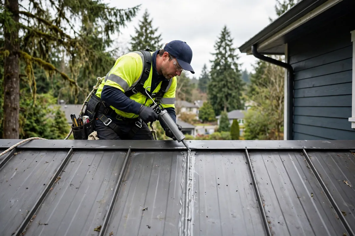 Técnico resecando costuras en un techo de metal con costura de pie en Lynnwood, WA