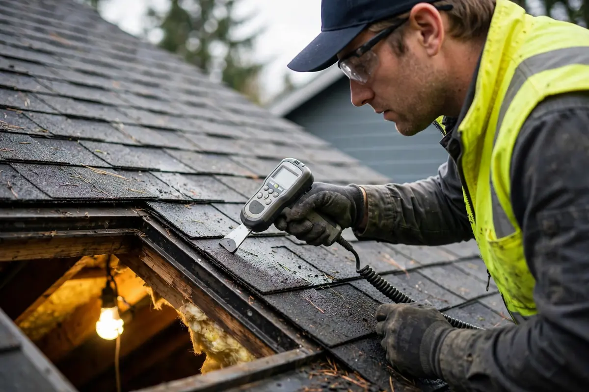 Técnico con una cámara de imagen térmica que analiza un techo para detectar fugas en Lynnwood, WA