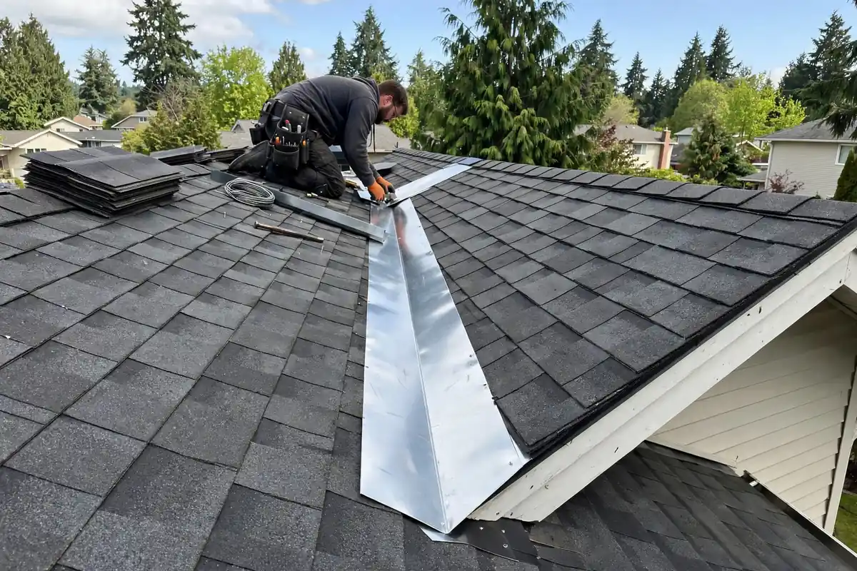 Nuevo metal valley parpadeante instalado entre pendientes de guijarren Lynnwood, WA