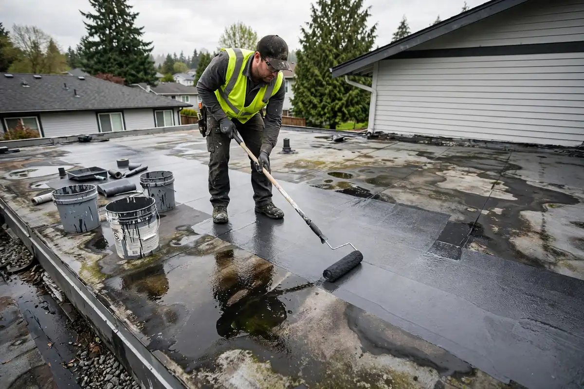 Techador cerrando de nuevo un borde de claraboya con parpadeante en Lynnwood, WA