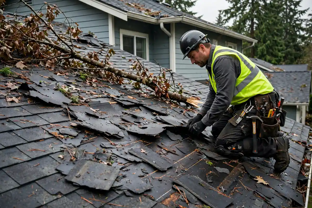 Techador evaluando tejas desgarradas por el viento después de una tormenta en Lynnwood, WA